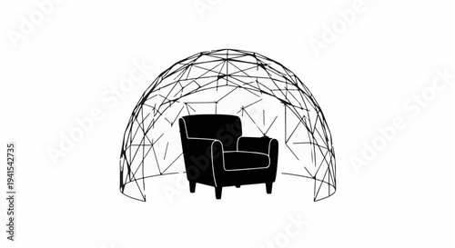 Solitary armchair within a geodesic dome, symbolizing protection, isolation, and personal space.