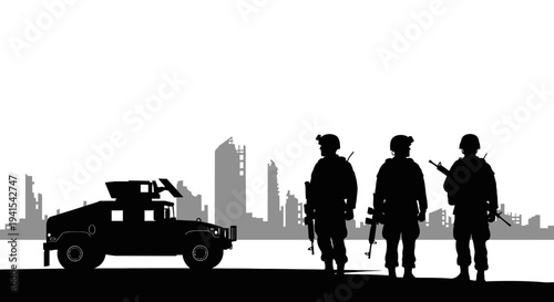 Silhouette Soldiers Guarding Ruined City with Military Vehicle