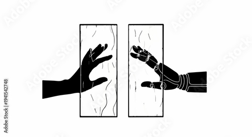 Human hand and robotic arm reaching for each other across a divide, symbolizing connection and future technology.