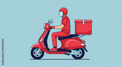 A delivery driver on a red scooter carrying a large food box against a pale blue background silhouette high quality professional