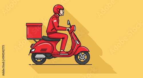A red scooter delivers goods with a rider wearing a helmet depicted in a bold flat silhouette high quality professional detailed