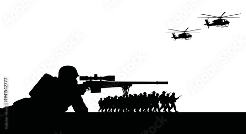 Sniper Aiming at Advancing Soldiers with Helicopters Overhead