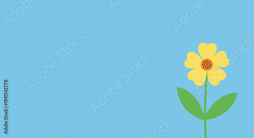 A single yellow flower with green leaves blooming against a clear blue sky, symbolizing nature and growth