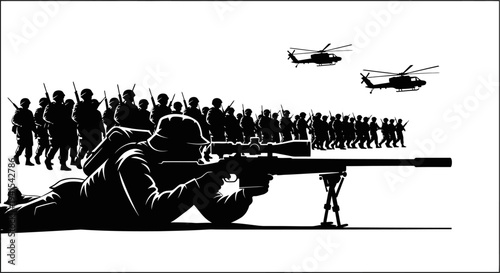 Sniper Aiming at Army Soldiers and Helicopters, Military Conflict and Warfare Concept