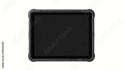 Rugged tablet with dark screen in protective case