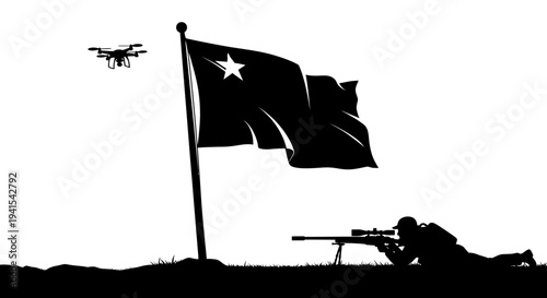 Sniper aiming drone with flag, surveillance, military, technology, conflict concept