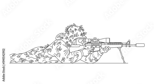 Soldier aiming sniper rifle, camouflage, prone position, military, tactical, warfare