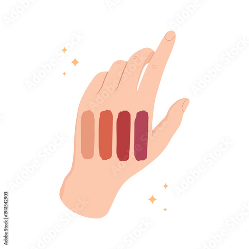 Female hand with lipstick swatches. Beauty and makeup vector illustration showing different lipstick shades on skin. Minimal cosmetic concept for beauty blogs and marketing.