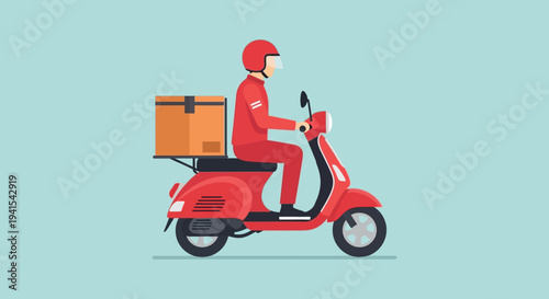 A delivery person rides a red scooter with a large cardboard box showcasing a striking silhouette high quality professional detailed modern