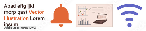 Digital communication, data analytics, online notifications, wireless connectivity, remote work, technology integration. A bell icon, data chart with laptop and wireless symbol. Data analytics
