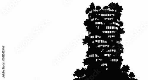 Modern building integrated with lush greenery and trees, symbolizing eco-friendly architecture.