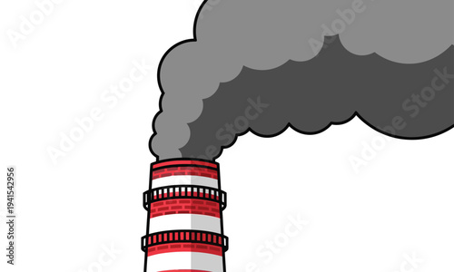 Illustration of a tall striped factory chimney polluting the atmosphere with thick, dark smoke, highlighting environmental impact