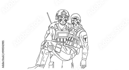 Soldier carrying injured comrade, military support, teamwork, combat rescue, battlefield aid