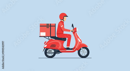 A delivery driver on a red scooter carries a package depicted in a flat bold silhouette high quality professional detailed modern