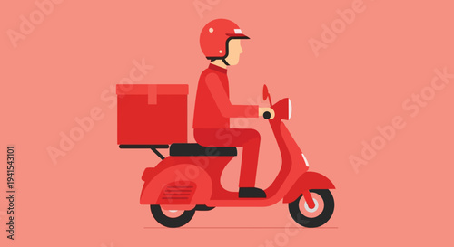 A red delivery courier rides a scooter with a large package showcasing a bold flat design silhouette high quality professional detailed