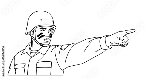 Soldier pointing direction, military camouflage face paint, helmet, army uniform, command gesture