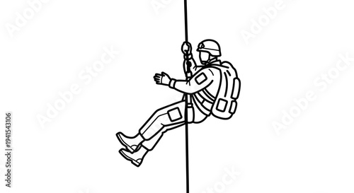 Soldier rappelling down a rope with backpack, military training, extreme sport, action, adventure