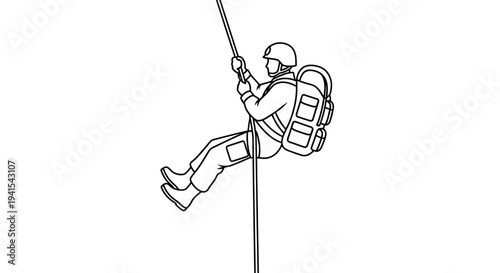 Soldier rappelling down rope with backpack and helmet, military training, extreme sport