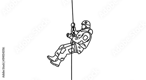 Soldier rappelling down a rope, military training, action, outdoor, dynamic pose