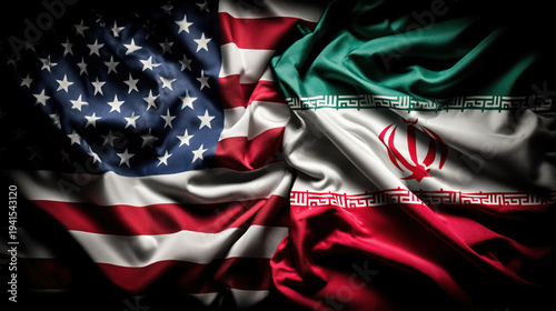 Two flags, United States and Iran, in dramatic lighting