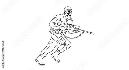 Soldier Running with Sniper Rifle, Camouflage Face Paint, Tactical Gear, Military Action