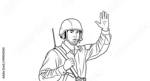 Soldier Signaling Halt with Hand, Military Communication, Vintage Style