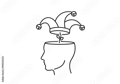 An image of a human head. Instead of a typical thought, a jester's cap with bells grows from the crown. Linear outline vector (icon)