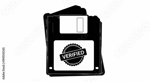 Retro floppy disk with a "verified" stamp, symbolizing data security and digital archiving.