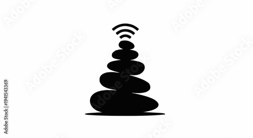 Silhouette of stacked stones with radiating waves, symbolizing balance and communication.