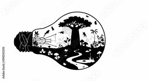 Illuminated idea of a thriving natural ecosystem within a lightbulb, symbolizing sustainable innovation and environmental awareness.
