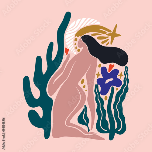 Boho sacred magic woman mystical symbol flat holistic healing meditation, reiki new age concept modern abstract silhouette divine feminine botanical silhouette vector moon child mystical mother earth
