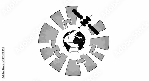 Satellite orbiting stylized globe with abstract city elements representing global connectivity.