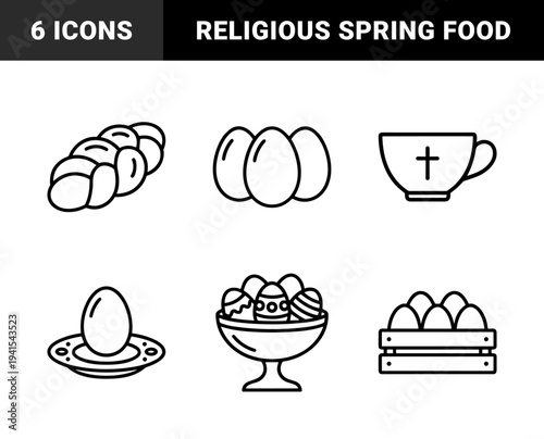 Easter holiday religious and culinary elements featuring braided bread, ceremonial cup, and decorated eggs. Minimalist monoline bold stroke graphic assets for spring celebrations.