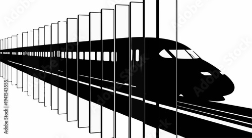 Sleek modern high-speed train speeding through a stylized landscape