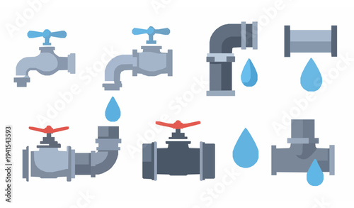 Water pipe and faucet valve flat plumbing icon collection