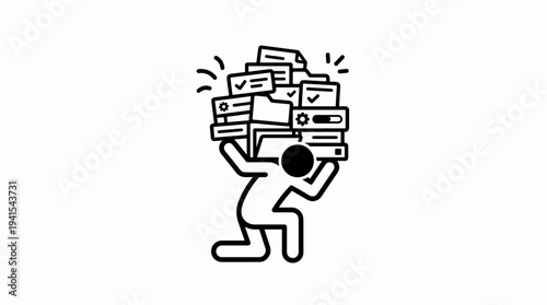 Illustration of stick figure struggling under heavy paperwork stack  