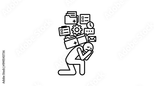 Overwhelmed person sitting with heavy workload and tasks around  