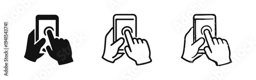 Hand Touching Smartphone Screen Icon Set - Mobile Interaction and UI Tap Gesture Vector