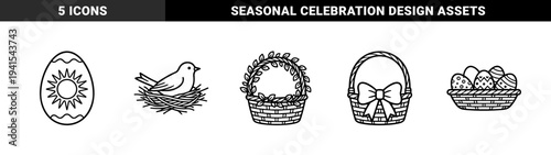 Easter holiday coloring book elements for seasonal greeting cards. Minimalist bold line art featuring wicker baskets, decorated eggs, and a bird in a nest.