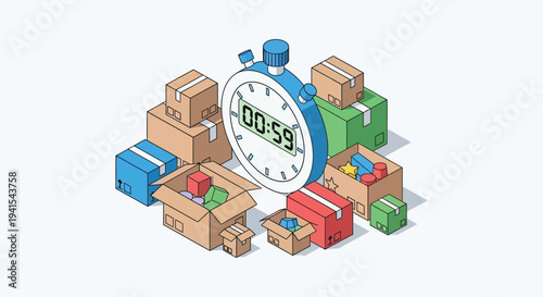 Isometric illustration depicting packages a stopwatch at 00 59 and a sense of urgency rendered as a distinct silhouette high quality professional