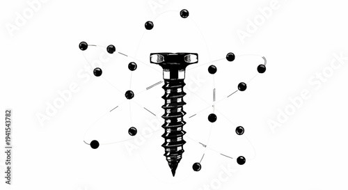 Abstract connection concept with a central screw and surrounding dots linked by lines.