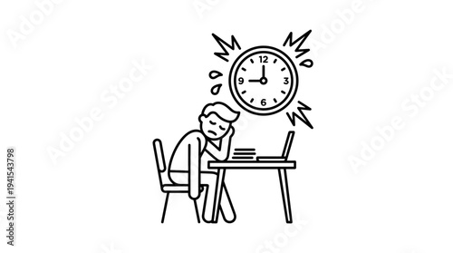 Stressed young man sitting at desk with laptop and clock above  