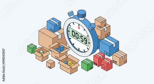 Isometric illustration depicting delivery boxes and a timer showing 00 59 emphasizing speed and deadlines silhouette high quality professional detailed modern