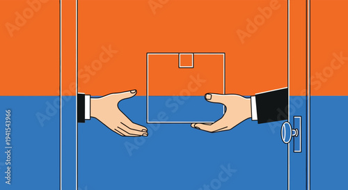 A minimalistic illustration depicts two hands offering a rectangular package in front of a door silhouette high quality professional detailed modern