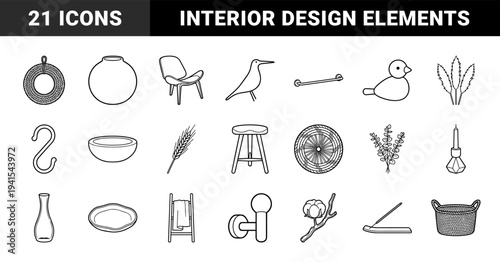 Scandinavian home decor and lifestyle elements in minimalist monoline style. Refined interior design pictograms featuring hygge furniture and organic accents.