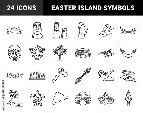Easter Island Rapa Nui cultural heritage symbols and Moai statue line art. Minimalist monoline pictograms for Polynesian history and archaeological education.