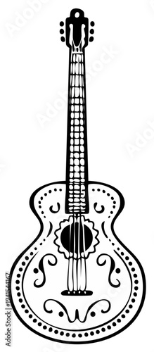Ornate acoustic guitar illustration for Day of the Dead celebrations with decorative design, vintage style