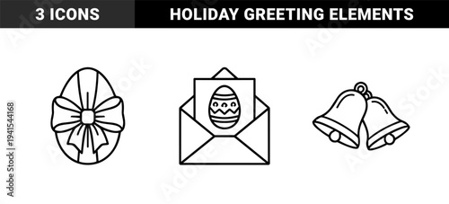 Easter celebration greeting and holiday ornament elements in monolinear style. Minimalist line art featuring a decorated egg envelope, tied gift ribbon, and festive church bells.