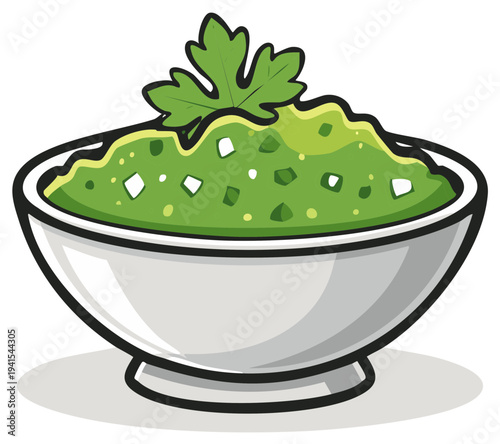 Illustration of a bowl filled with fresh guacamole with a sprig of parsley.