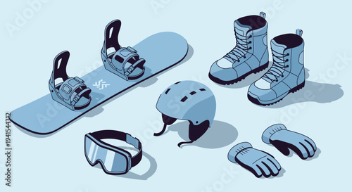An isometric view showcasing snowboarding equipment including a board bindings boots helmet and gloves silhouette high quality professional detailed modern